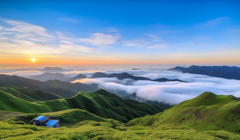山顶日出云海绝美风光云烟缭绕绿色植被风景图,高清,摄影图,摄影图片,图片大全,摄影图免费下载